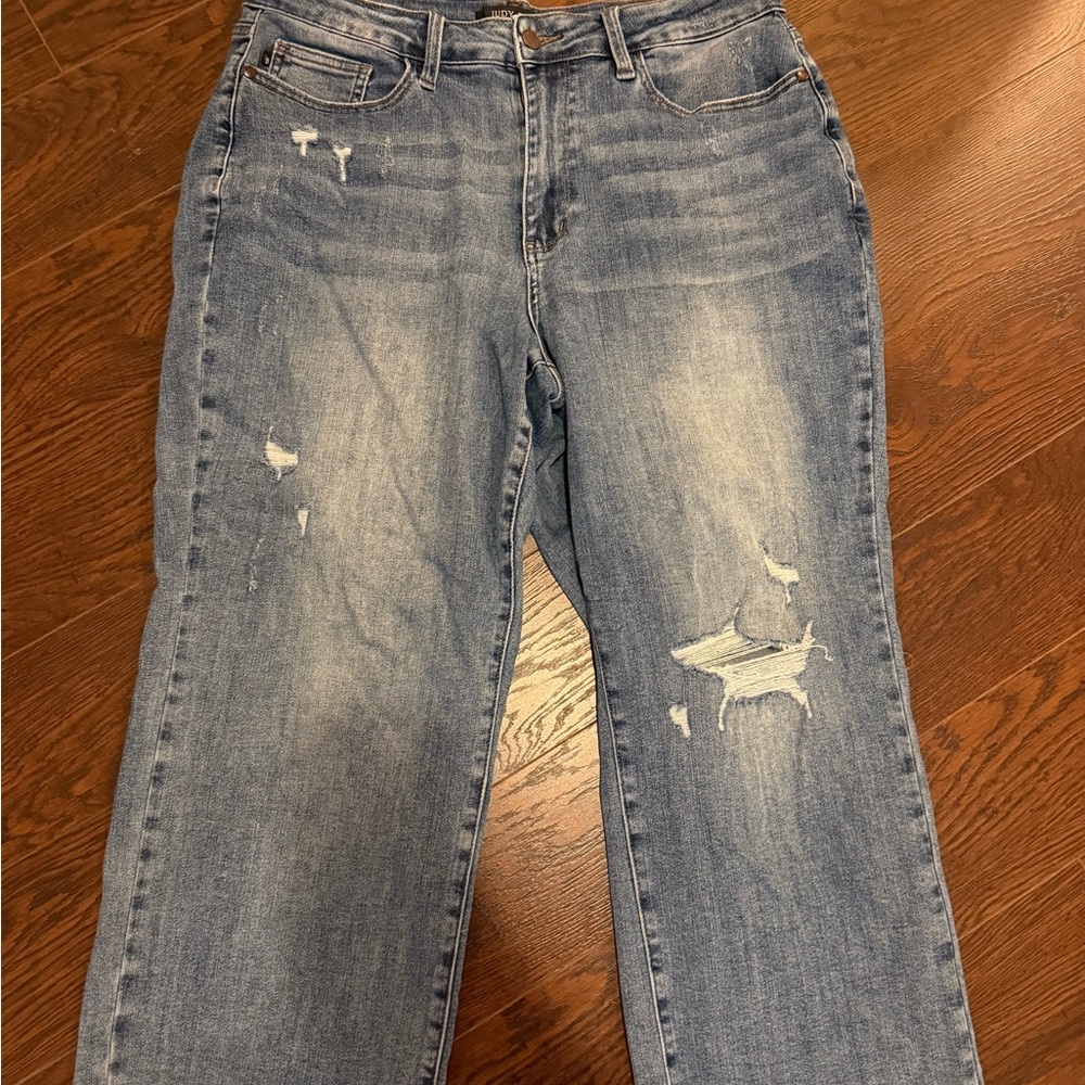 Judy Blue Distressed Flare Jeans - Light Blue
